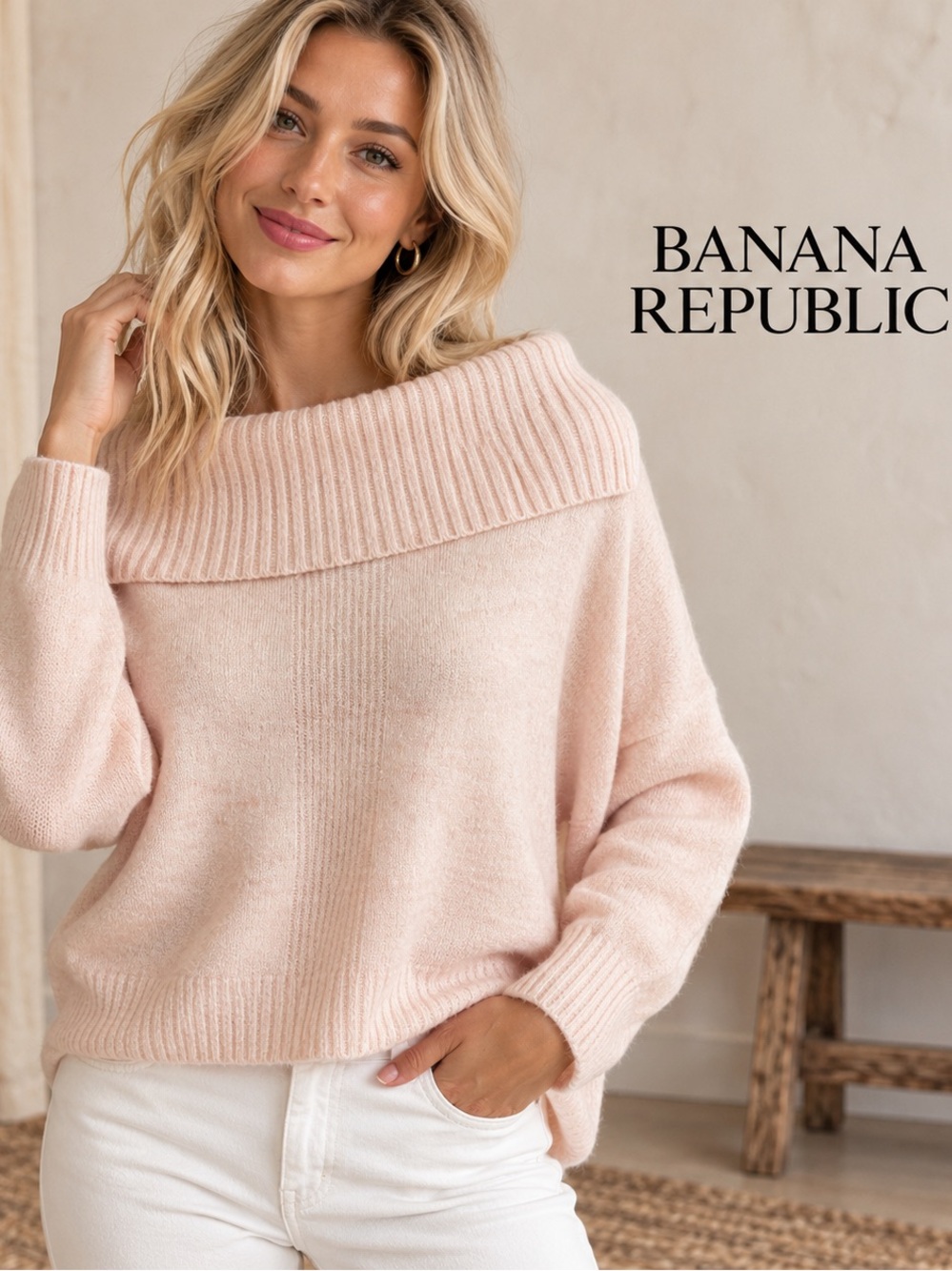 🌸Banana Republic Off-Shoulder Soft Pink Sweater size M Petite Preppy Minimalist